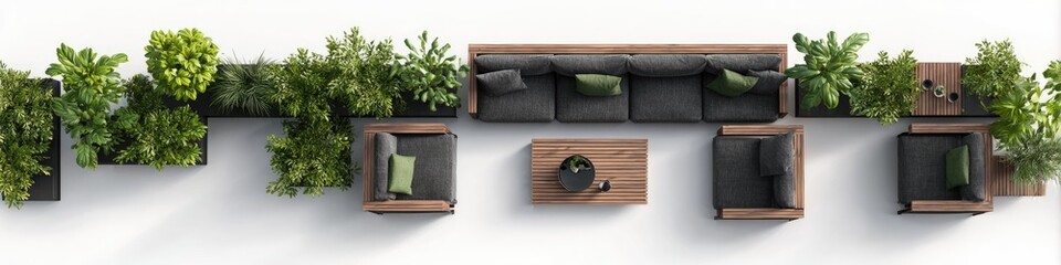 Overhead view of outdoor furniture with greenery