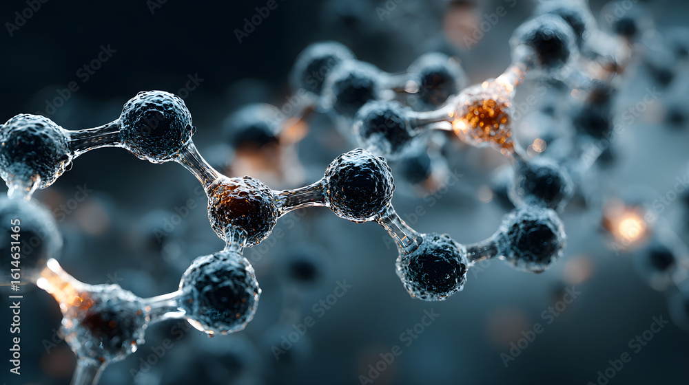 Poster close up of a molecule structure with a blue background and a soft light shining on the structure