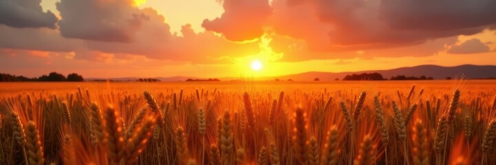 Fototapeta premium Ripe wheat stalks, sun-drenched landscape, fiery sunset sky, horizon, farmland