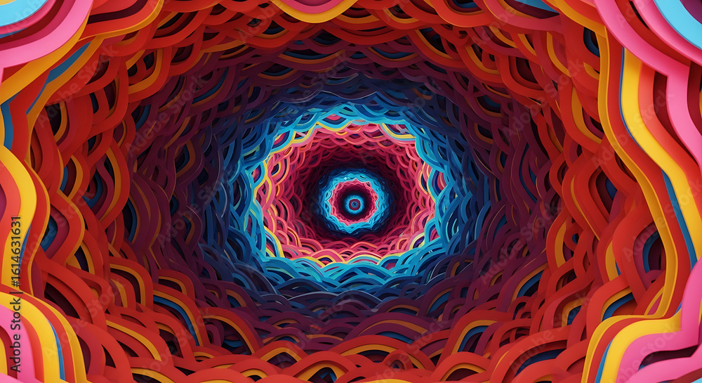 Poster colorful layered paper tunnel with a central vortex and a vibrant concentric design style art