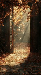 Open Doorway in Autumn Forest with Sun Rays and Fallen Leaves