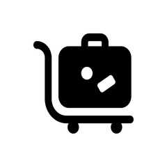Illustration of a black suitcase with a handle and wheels on a cart with a white sticker on it icon