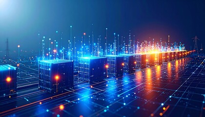 Fototapeta premium Digital blockchain technology concept with a row of glowing server cubes processing big data on a futuristic network grid.