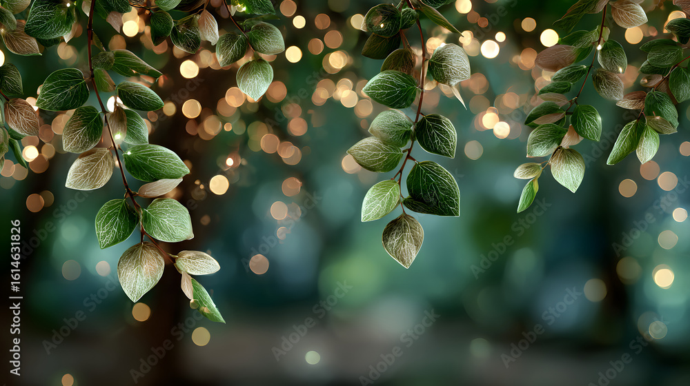 Poster blurred background with string lights and green leaves