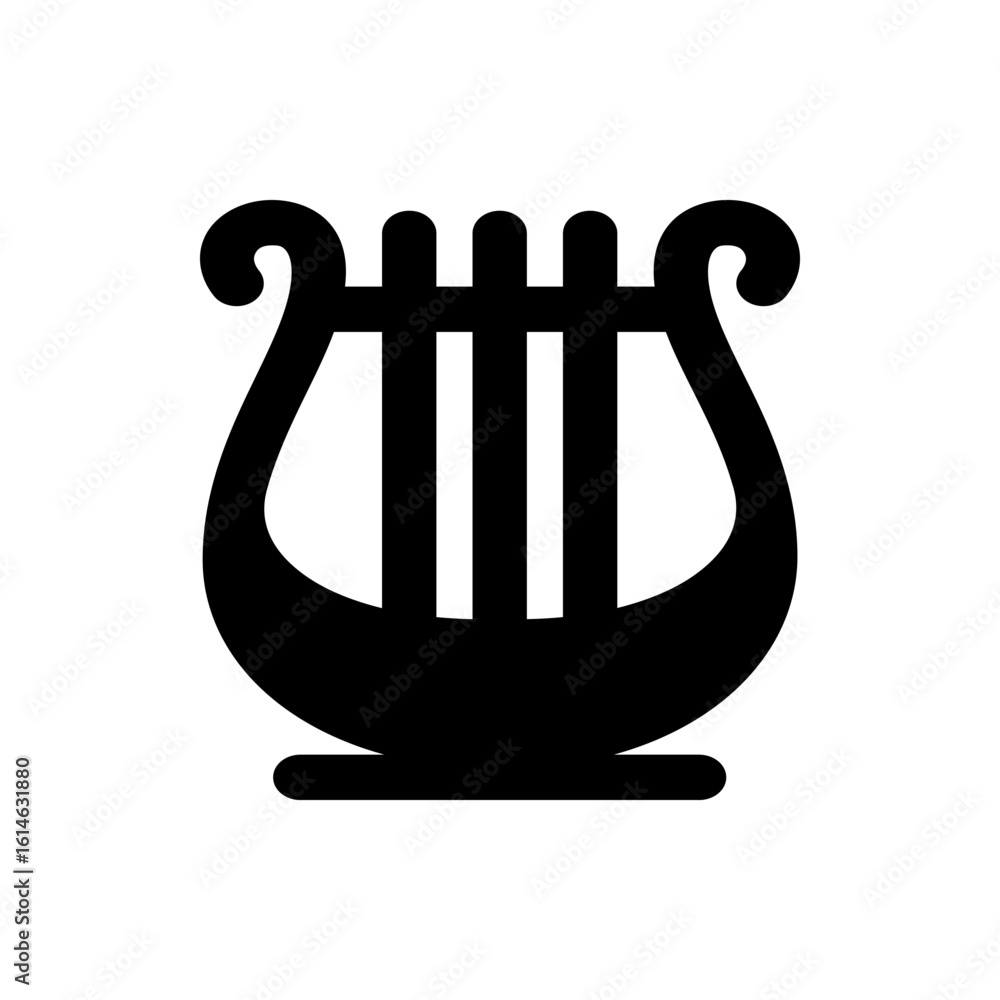 Aufkleber illustration of a black lyre with curved arms and vertical strings against a white background plain 