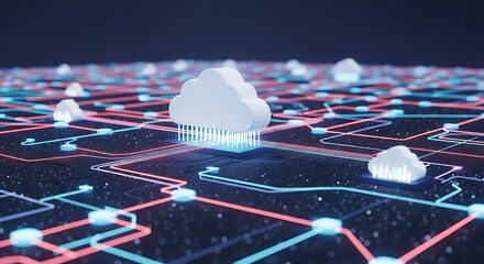 Abstract illustration of white clouds connected by glowing blue and red lines on a dark background, representing cloud computing and network connectivity.