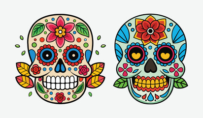 Two ornate sugar skull designs with intricate floral patterns isolated on white background