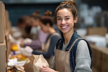 Happy female volunteer packs lunches for community members during outreach event in local food distribution center
