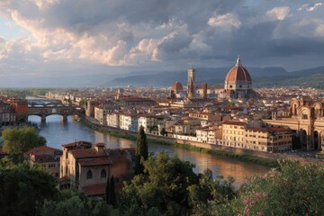 Fototapeta premium Stunning panorama of the Arno River with Florence's iconic towers and cathedrals during the golden hour