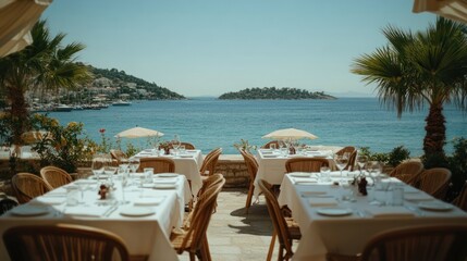 Obraz premium Outdoor seaside restaurant, tables set, ocean view