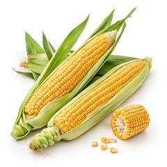 Two fresh sweetcorn ears in husks, vibrant yellow kernels, isolated on white background; healthy, organic, farm-fresh.
