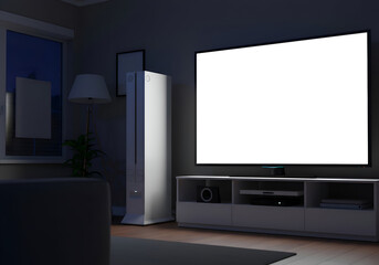 Fototapeta premium Modern living room at night with a blank TV screen. A young adult male gamer relaxing with his entertainment system. Home entertainment space in a contemporary residence -