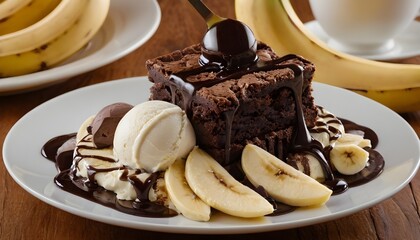 brownie sundae with vanilla ice cream, bananas, and chocolate sauce
