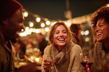 Friends gather for an evening of laughter and drinks on a rooftop under string lights in a lively atmosphere