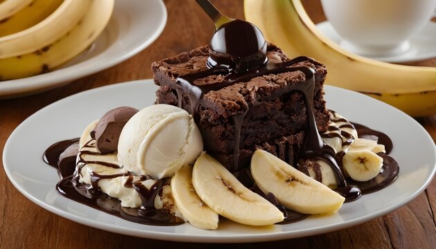 brownie sundae with vanilla ice cream, bananas, and chocolate sauce