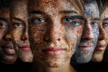 Diverse faces reflect a mosaic of humanity, celebrating unity in diversity with intricate patterns and colors on features, emphasizing connection among individuals from various backgrounds