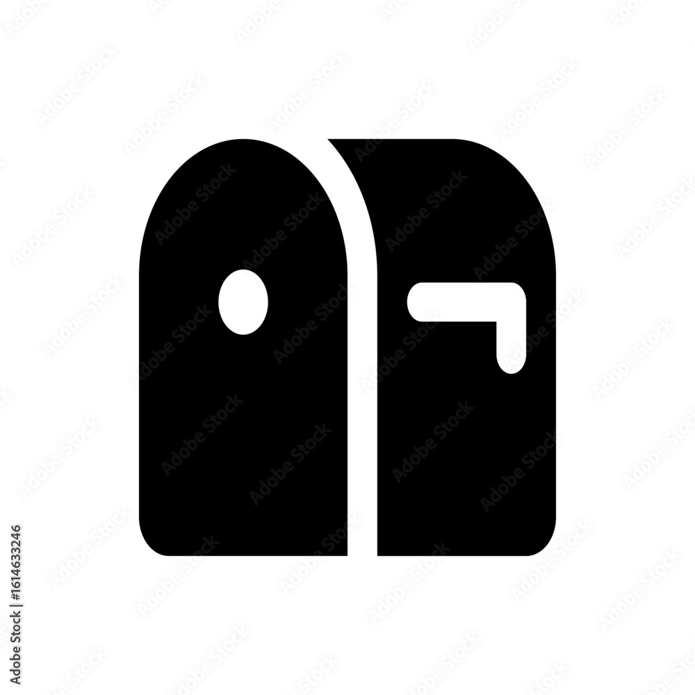 Poster illustration of a black mailbox with a circular left side and a handle on the right side design icon