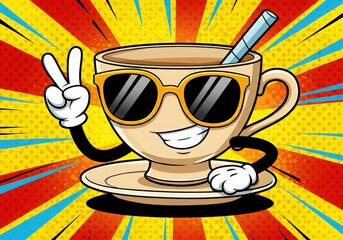 Cool cartoon coffee cup with sunglasses and peace sign