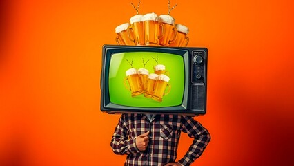 A surreal man standing confidently with a vintage television as a head displaying overflowing beer mugs, isolated on a vibrant orange background, realistic lighting and soft shadows