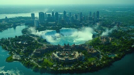 Fototapeta premium Panoramic aerial view of Niagara Falls, city, and surrounding islands