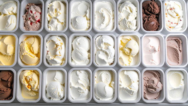 A colorful assortment of various ice cream flavors in containers. Top-down view of a delicious collection of frozen desserts like chocolate and vanilla.