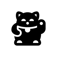 Illustration of a black maneki neko cat with white accents and a raised paw on a white background view