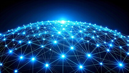 Obraz premium Abstract digital sphere with glowing blue nodes representing global network connections and futuristic technology concepts.
