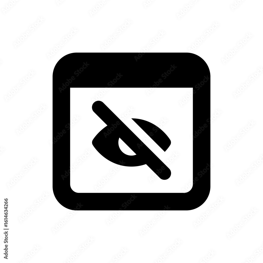 Poster black rounded square containing a white square with an eye symbol crossed out with a diagonal line s
