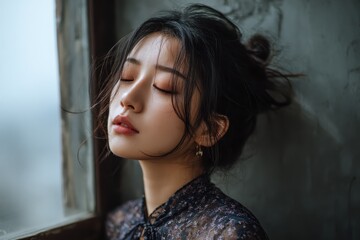 Fototapeta premium Peaceful young Chinese woman with closed eyes enjoys a moment of tranquility by the window in a softly lit room during a calm afternoon