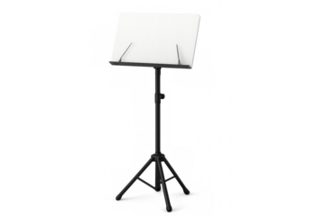 Black music stand holding blank sheet music on transparent background