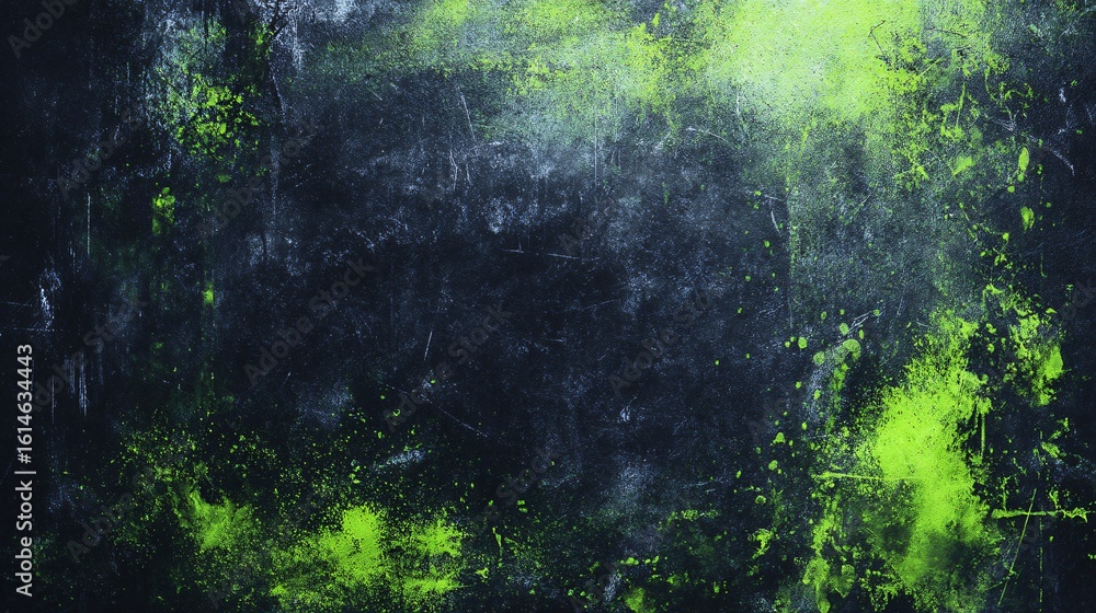 Poster a distressed black background with textured surface is dramatically contrasted by glowing neon green
