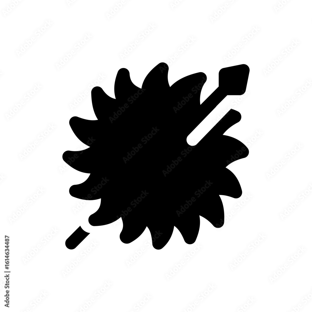 Poster illustration of a black spiky circular object with a stick protruding through it on a white backgrou