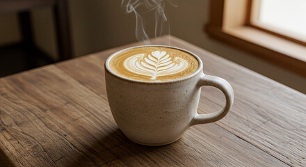 Steaming Latte Art Coffee in a Rustic Ceramic Mug.
