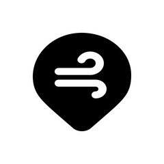 Illustration of a black location pin with a white wind symbol indicating windy weather conditions outside