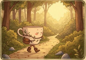 Whimsical teacup with legs walking on a forest path