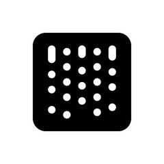 Black rounded square grid with white circles and vertical rectangles in a symmetrical arrangement pattern