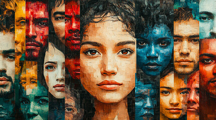 Vibrant tapestry of humanity: a seamless pattern illustrating a multicultural community in contemporary collage art style