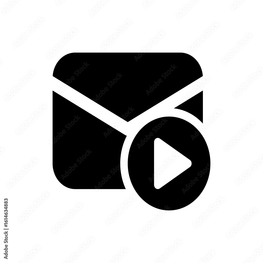 Poster black email icon with play button overlay representing video message delivery and multimedia communi
