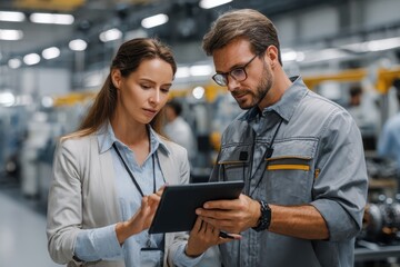 Collaboration between male and female project managers at a technology research facility during a team briefing with digital tablet on work progress