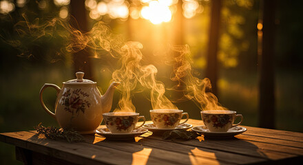 Steaming Teacups and Teapot at Sunset.