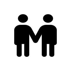 Illustration of two figures holding hands with circular heads and simple body shapes in solid black color