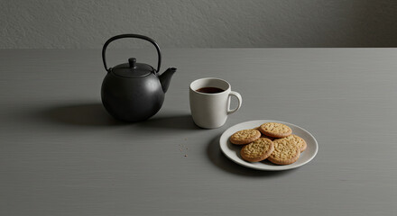 Still Life Photography of Tea Set Mug and Cookies.