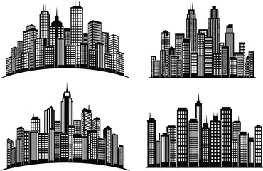 Fototapeta premium Four distinct black and white stylized illustrations of modern city skylines with diverse architectural styles
