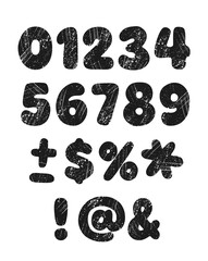 Naklejka premium Bold grunge numbers and symbols with scratched texture. Hand-drawn black characters in distressed style. Ideal for creative design, vintage print, poster, and custom typography projects. Vector