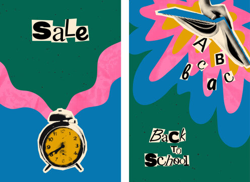 Back to school sale vertical banner templates set. Halftone collage paper cut outs, education concept, alarm clock, open book, hand drawn doodles. Modern retro mixed media vector illustration