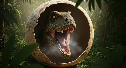 baby tyranosaur cracked an egg hatching in wild jungle newborn hatchling