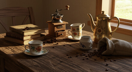 Still Life with Coffee Grinder Cups Pot and Coffee Beans.