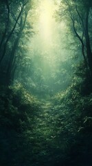 Walking Path Through Forest with Sunlight Streaming Through Trees