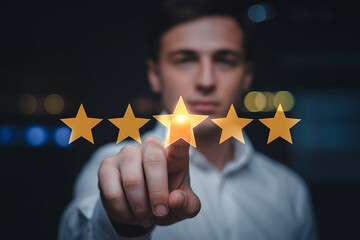 Man s finger touching five golden stars for customer satisfaction rating