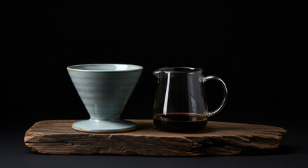 Stylish Ceramic Coffee Dripper and Glass Server on Rustic Wood.